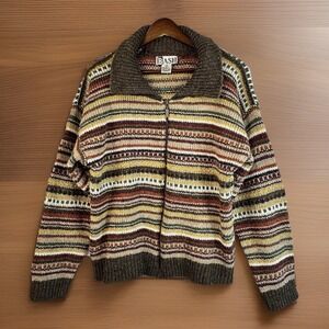 Vintage Striped Collar Zipper Cardigan Oversized M Earth Tone Brown Wool Blend